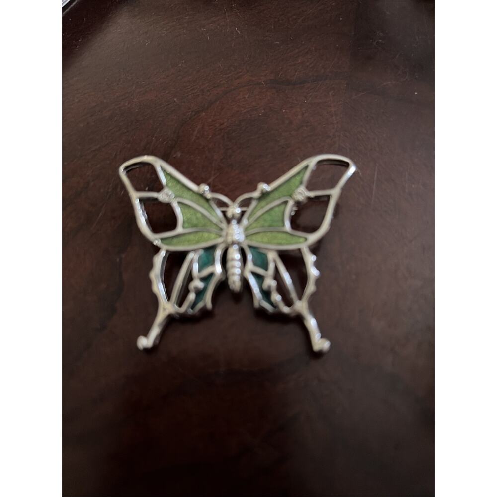 VINTAGE 1980's GREEN ENAMEL SILVER PLATED BUTTERFLY PIN BROOCH